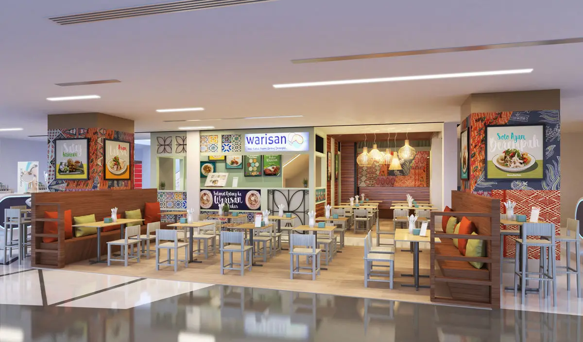 Mall-front restaurant with an open frontage, counter and casual seating