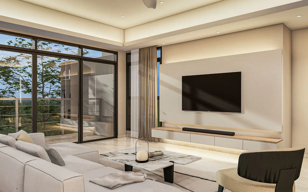 Living room with a wall-mounted TV, floating console and sliding doors to a balcony