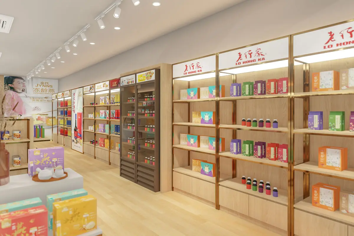 Store interior with timber shelving, a display table and a glazed chiller