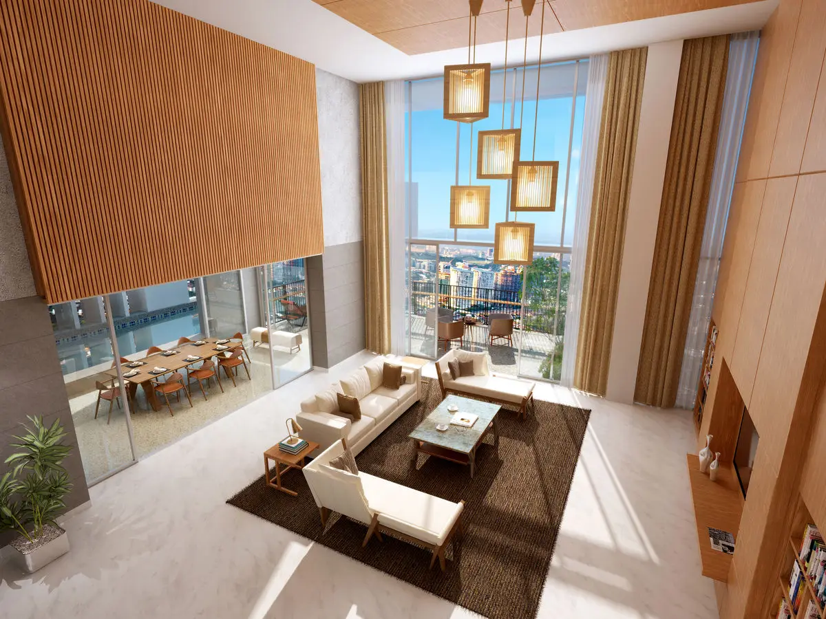 Double-height living and dining area with timber slat panelling and pendant lights by the window