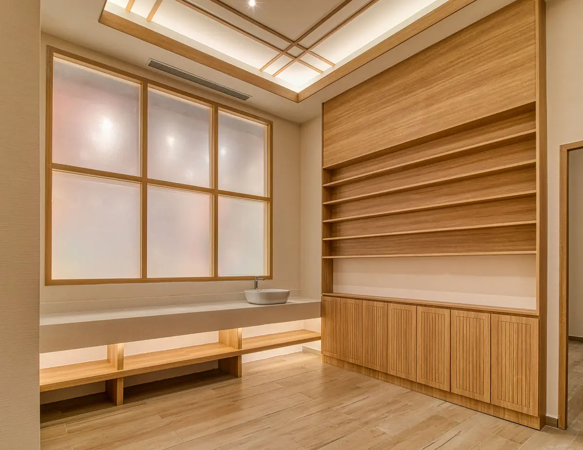 Treatment room with timber panelling, a bench and a frosted window panel