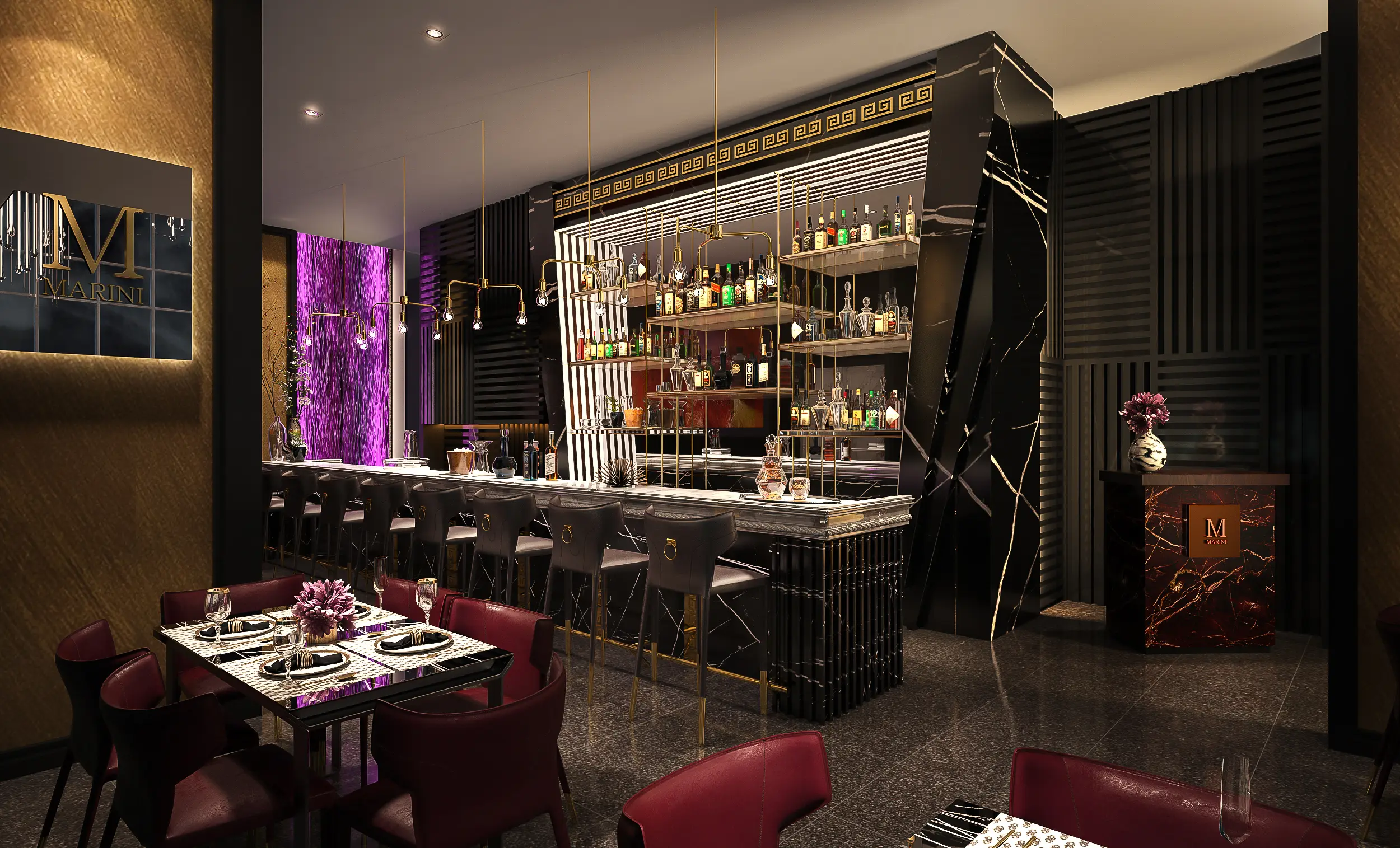 Dark hotel bar in black marble and brass with burgundy chairs and lit bottle shelving