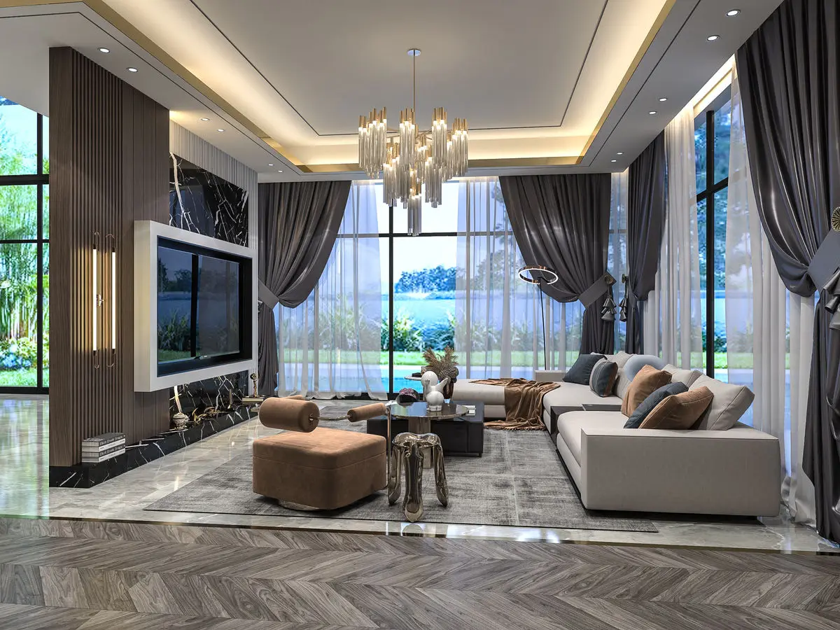 Living room with a chandelier, wall-mounted TV, sectional sofa and garden view