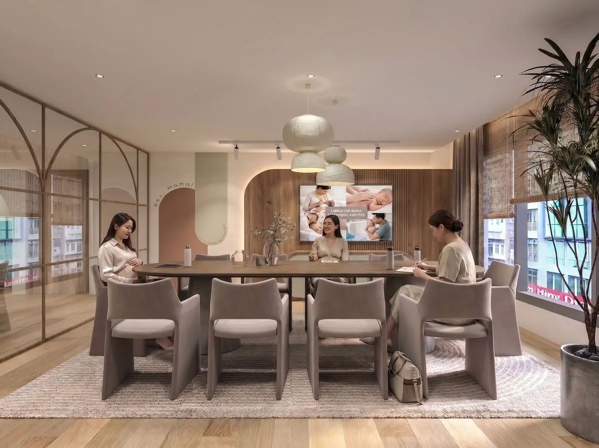 Meeting and dining room with a long table, arched openings and pendant lights