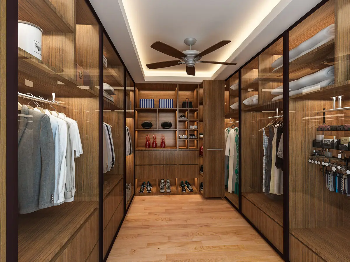 Walk-in wardrobe with glass sliding doors, open timber shelving, hanging rails and shoe racks