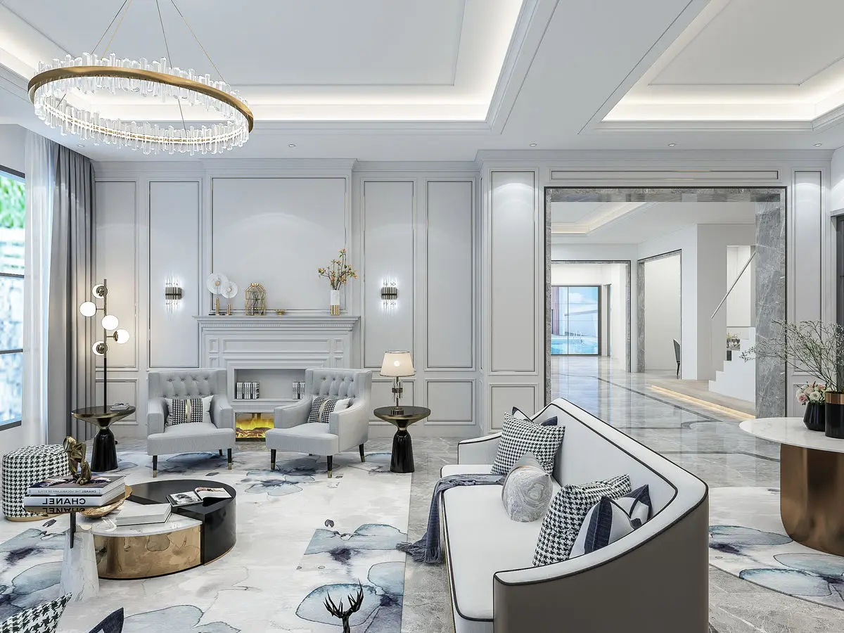 Formal living room with a fireplace, tufted armchairs, ring chandelier and marble flooring