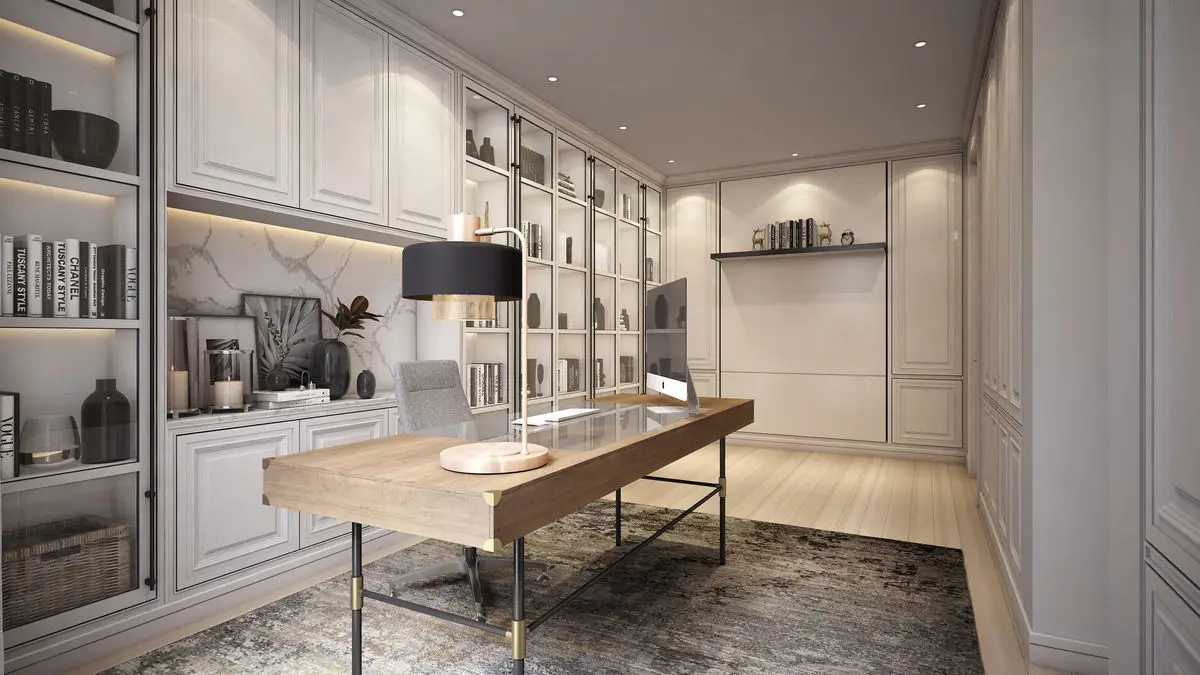 Study with a timber desk, backlit built-in shelving and panelled walls