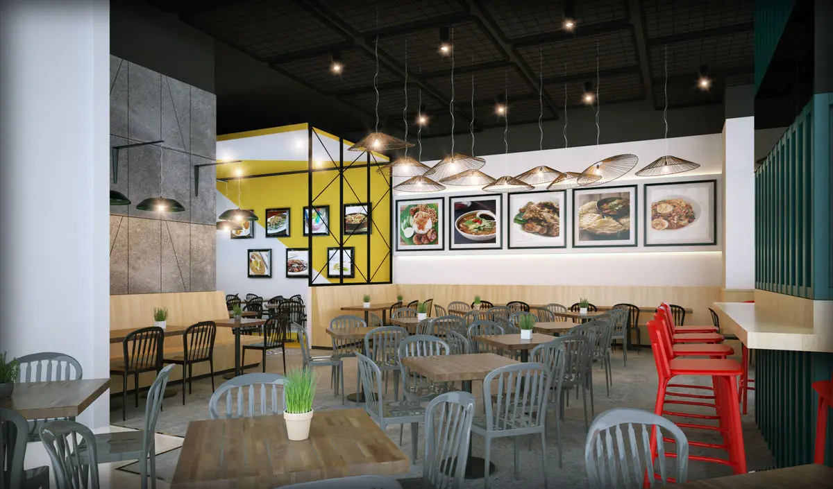 Restaurant interior with green joinery, red chairs and framed food photography