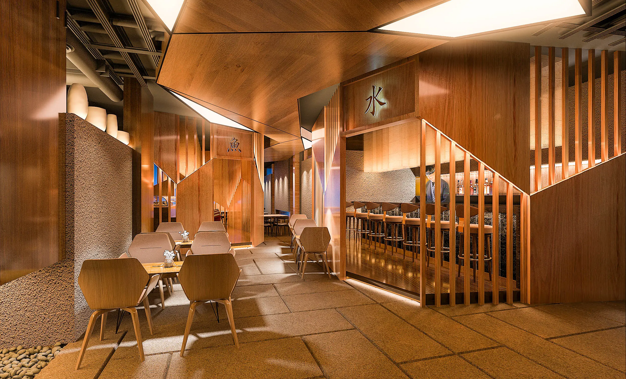 Japanese restaurant in warm timber with faceted ceiling, slatted screens and lit sushi counter