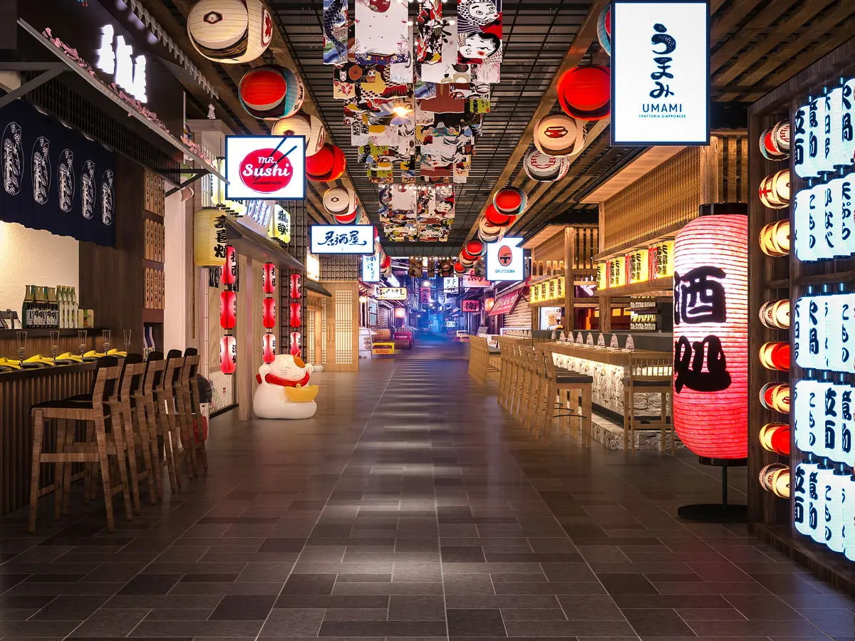 Japanese-style food street with red lanterns, illuminated signage and stall fronts