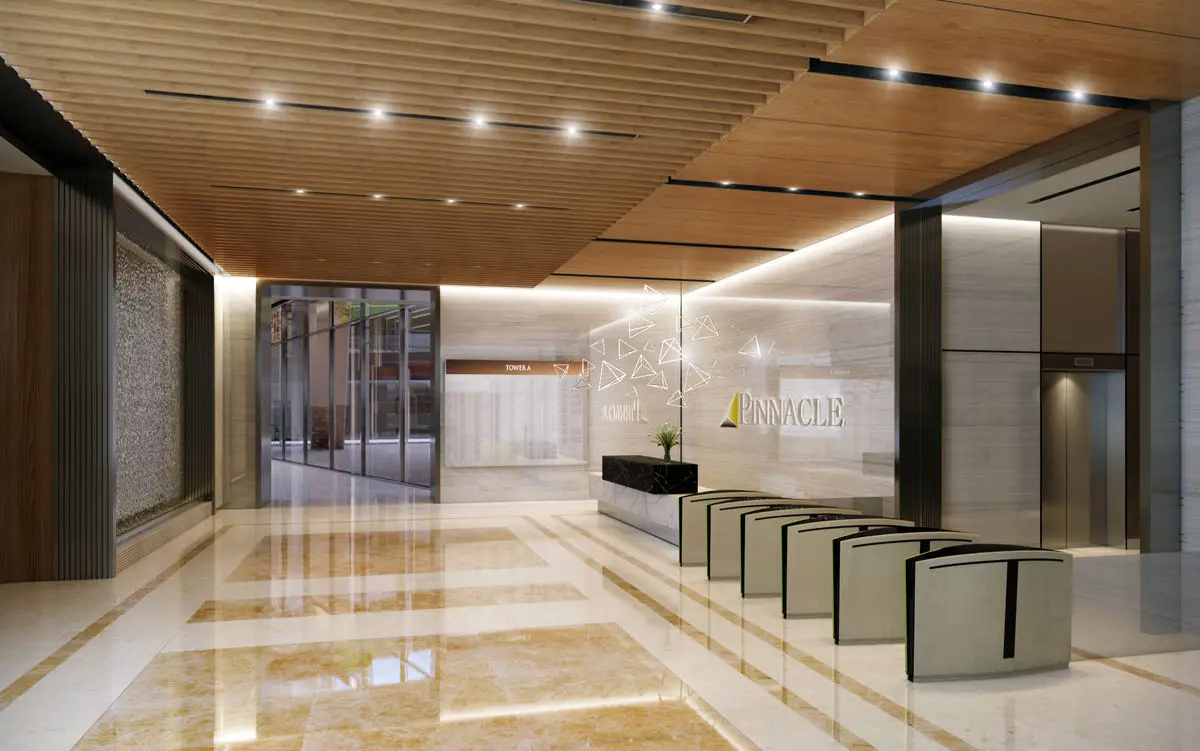 Lobby with a timber slat ceiling, reception counter and marble flooring