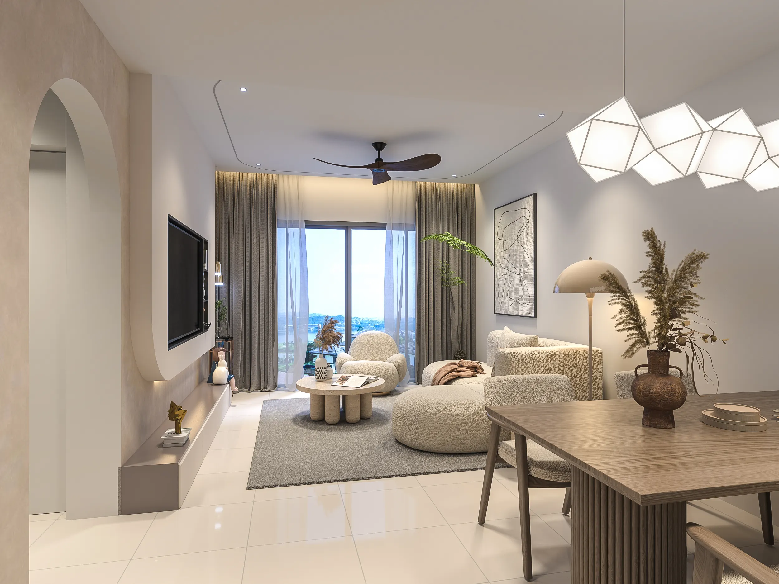 Open-plan living, dining and kitchen in a Malaysian home, treated as one continuous space