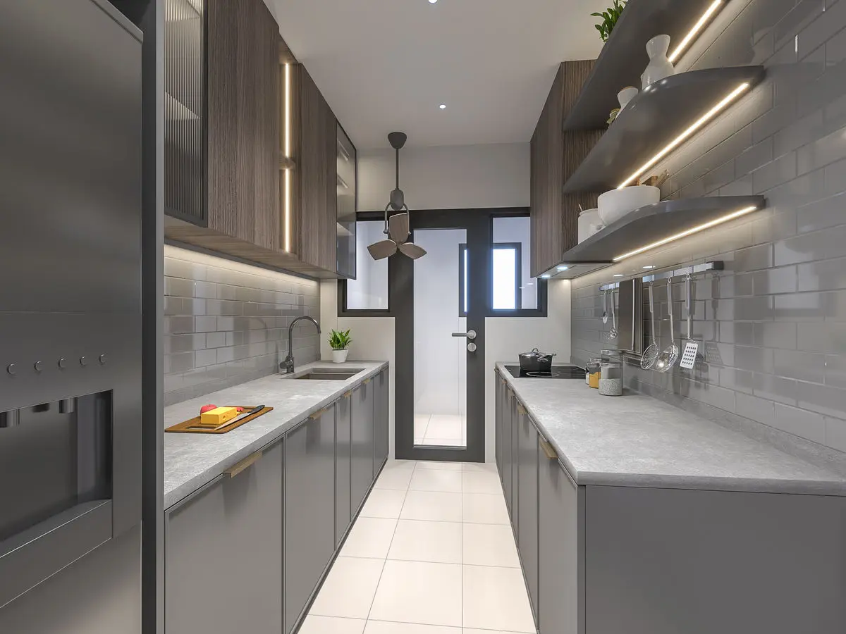 Second kitchen in grey cabinetry with stone worktops and a glazed rear door