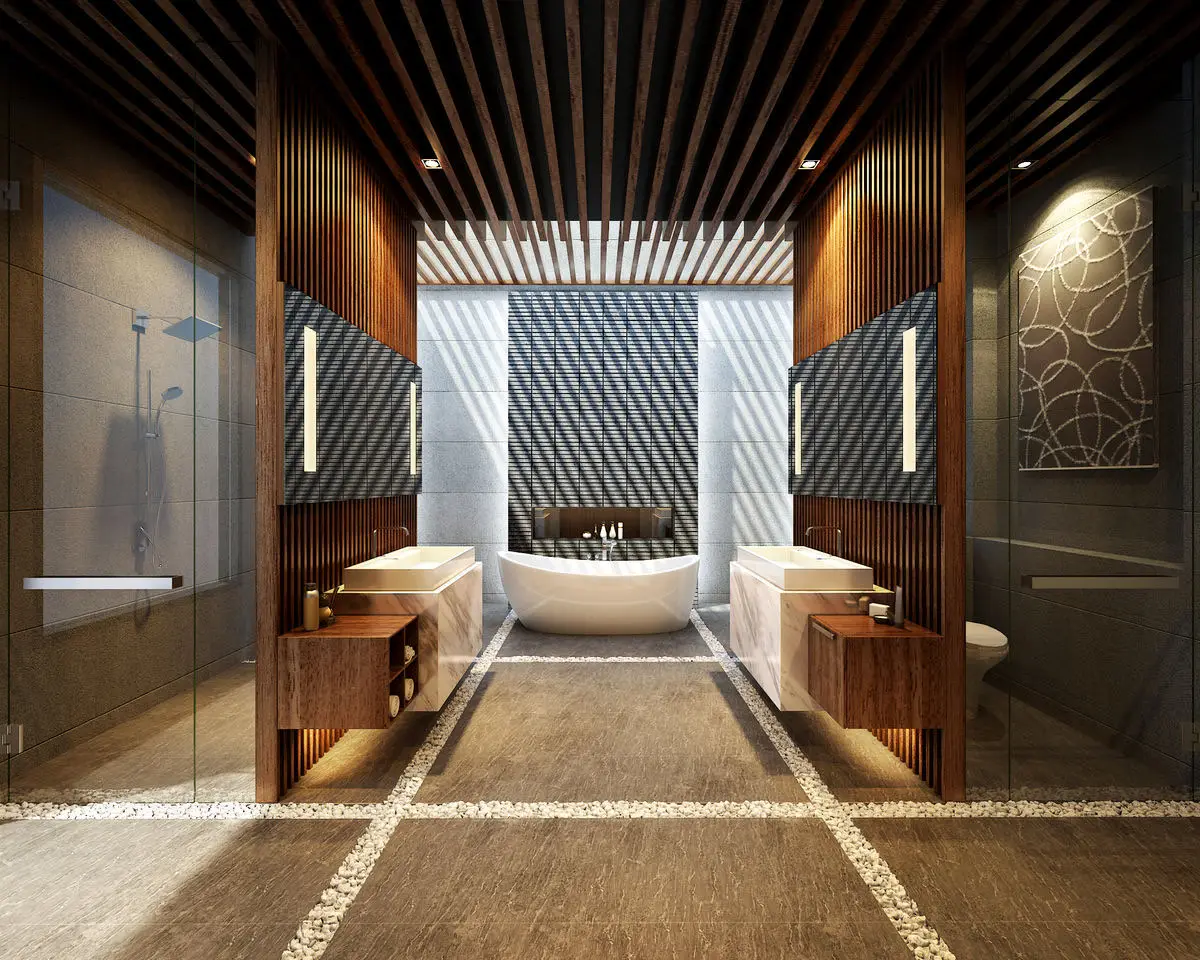 Bathroom with a freestanding tub between twin timber vanities and slatted screens