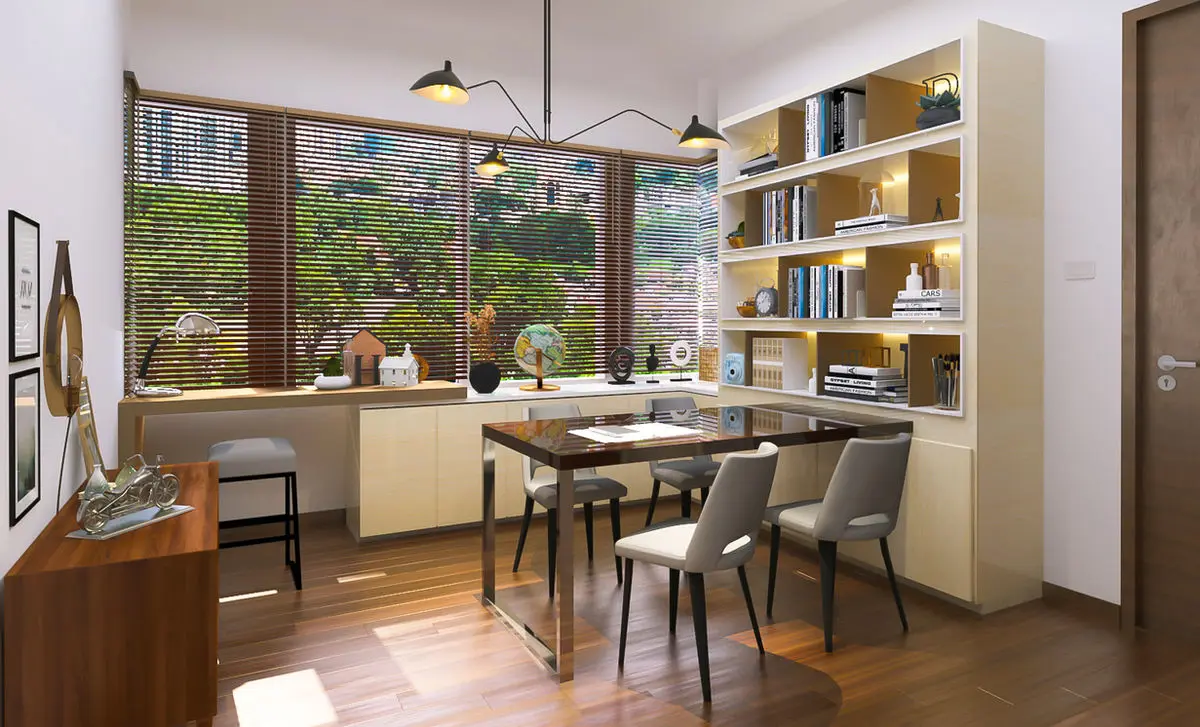 Dining area with built-in shelving, a timber table and a garden view