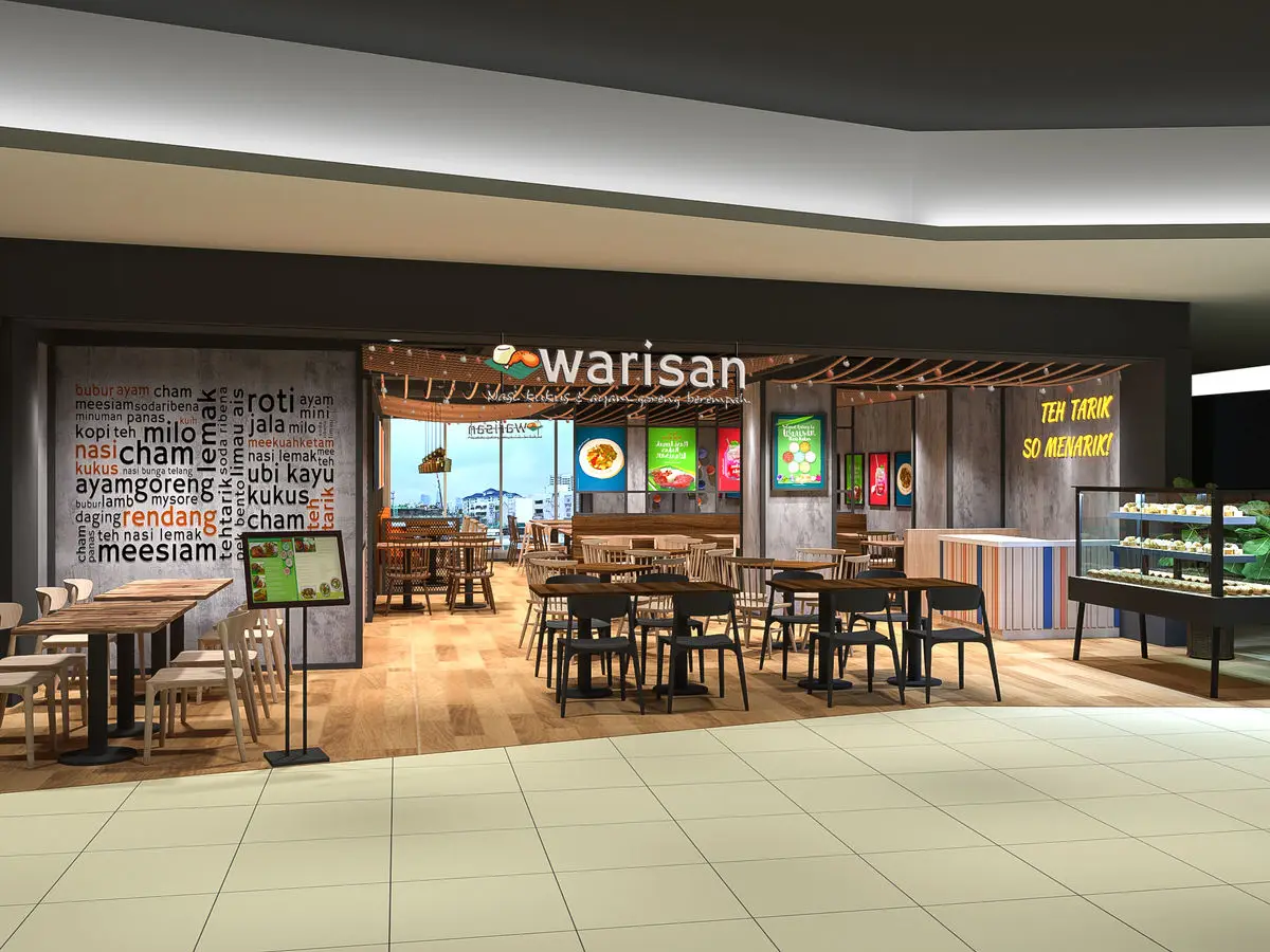 Restaurant frontage with a typographic feature wall and open counter
