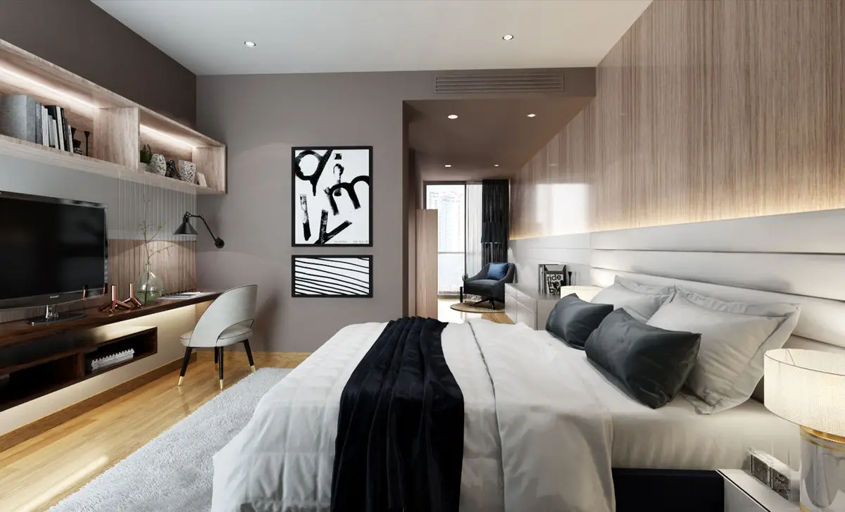 Bedroom with a curved upholstered headboard, TV console run and open shelving