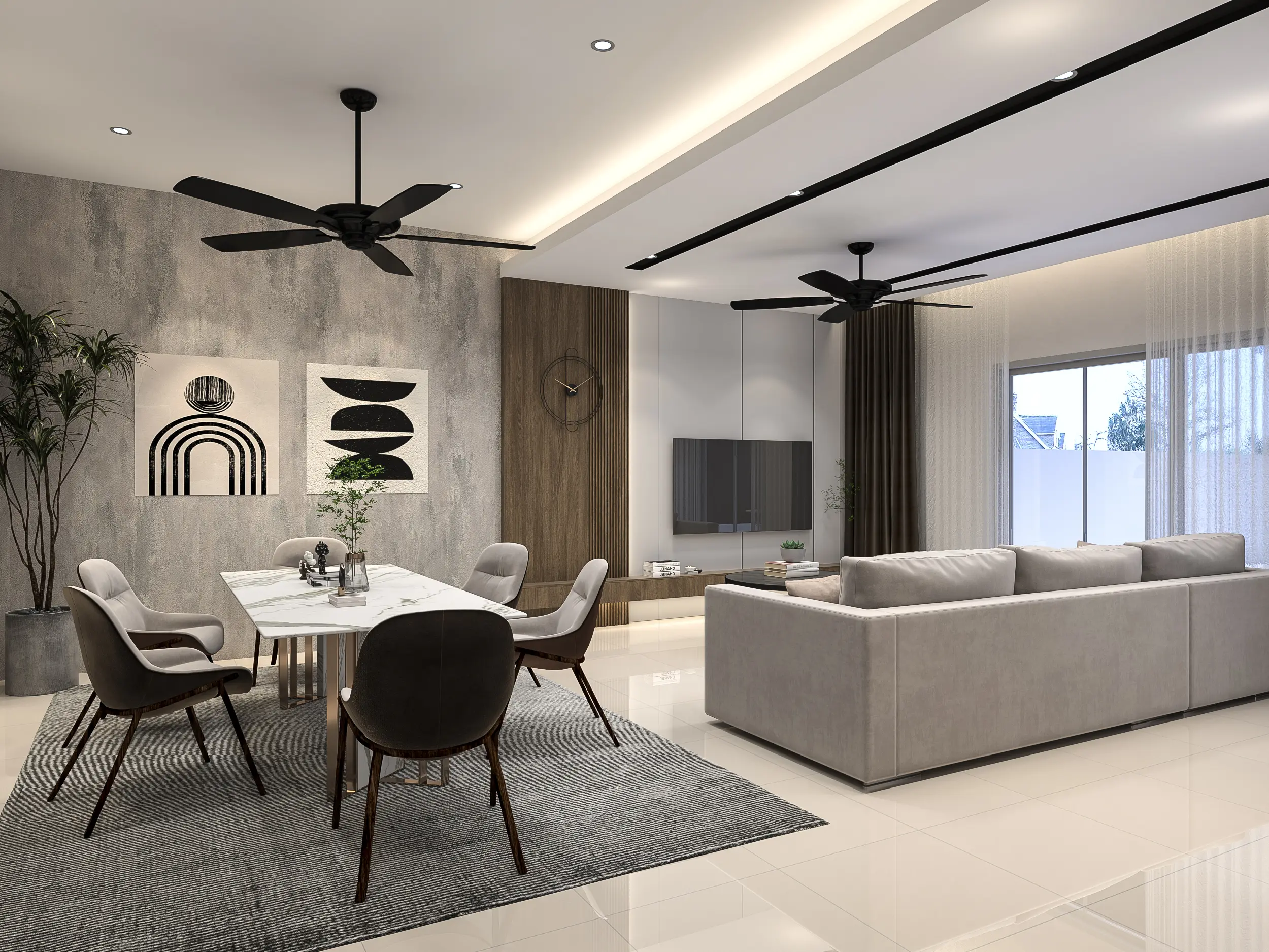 Open-plan dining and lounge with concrete-look wall, marble table and black ceiling fans