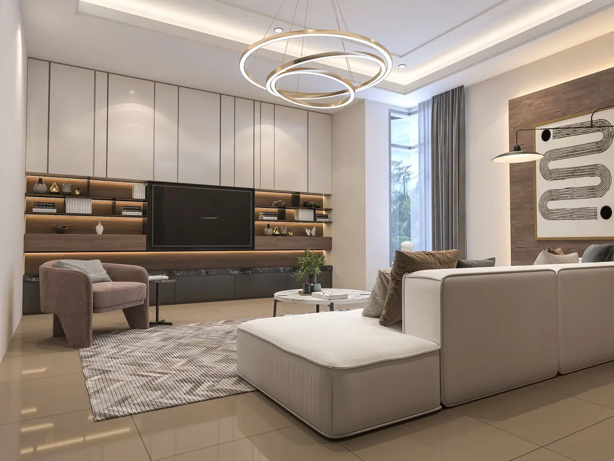 Living room with built-in timber shelving around the TV, a cream modular sofa and a circular pendant light