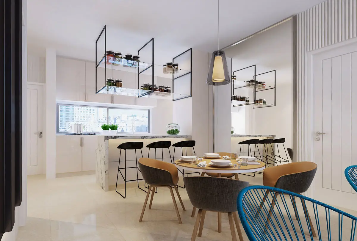 Dining area with mixed chairs, metal display shelving and a kitchen counter behind