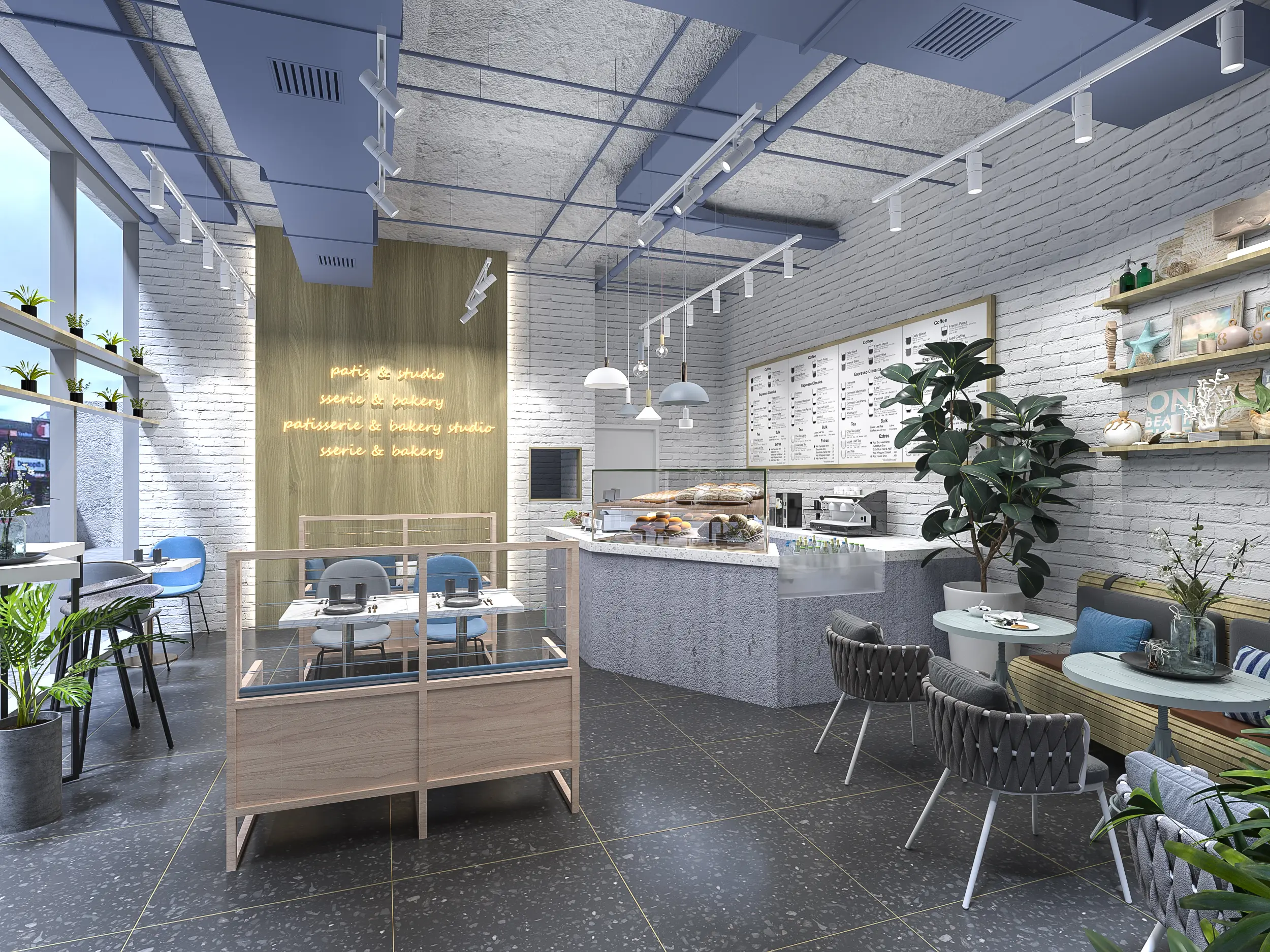 Bakery cafe with whitewashed brick, blue services ceiling, terrazzo floor and stone counter