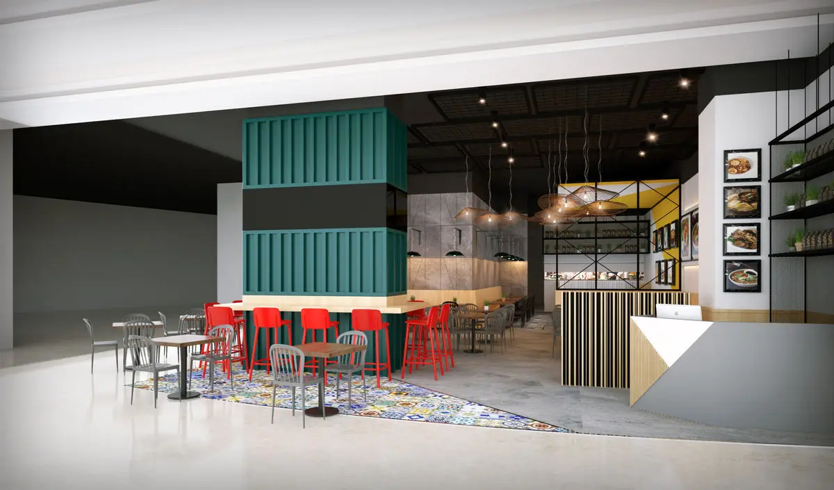 Compact outlet with green cladding, red stools and patterned floor tiles