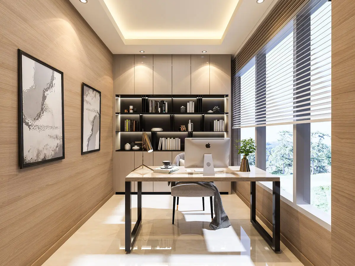 Home office with timber-panelled walls, black open bookshelves, a slim desk and window blinds