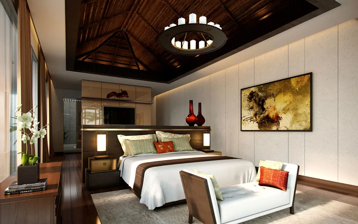 Bedroom with a carved timber ceiling, chandelier and framed artwork