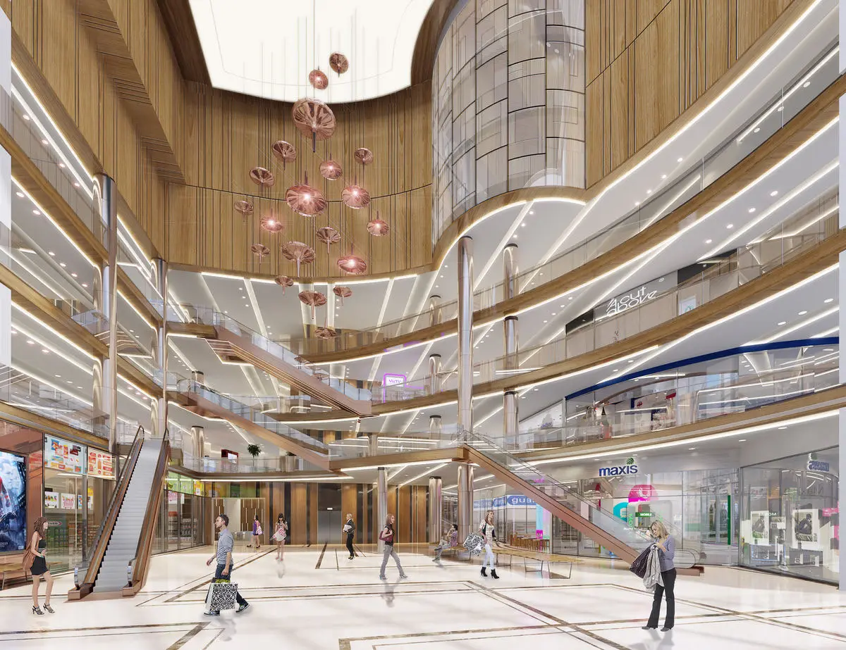 Mall atrium with curved balcony fronts and a pendant light cluster