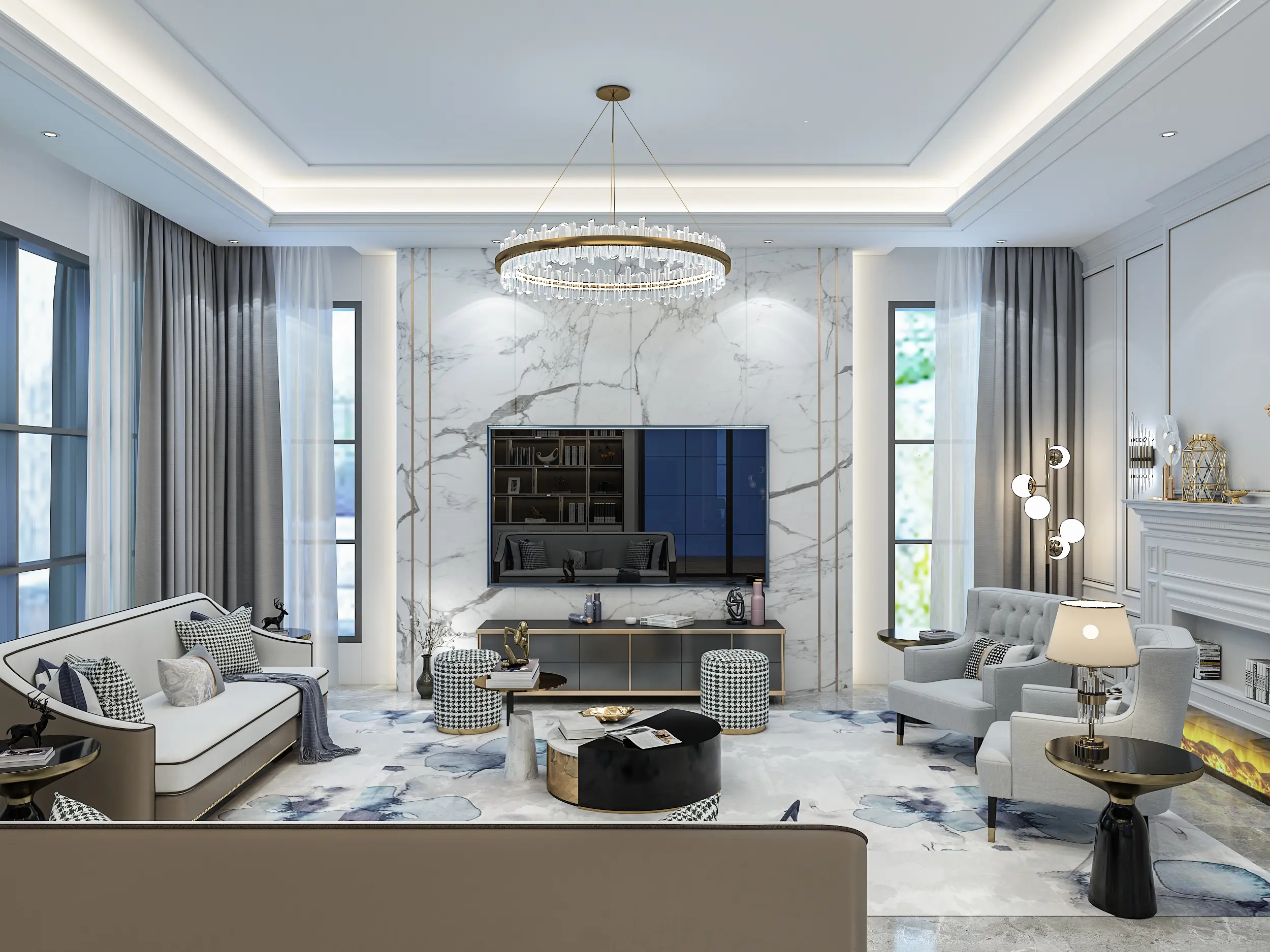 Living and dining area in a Kuala Lumpur home with a brass ring chandelier and cove lighting