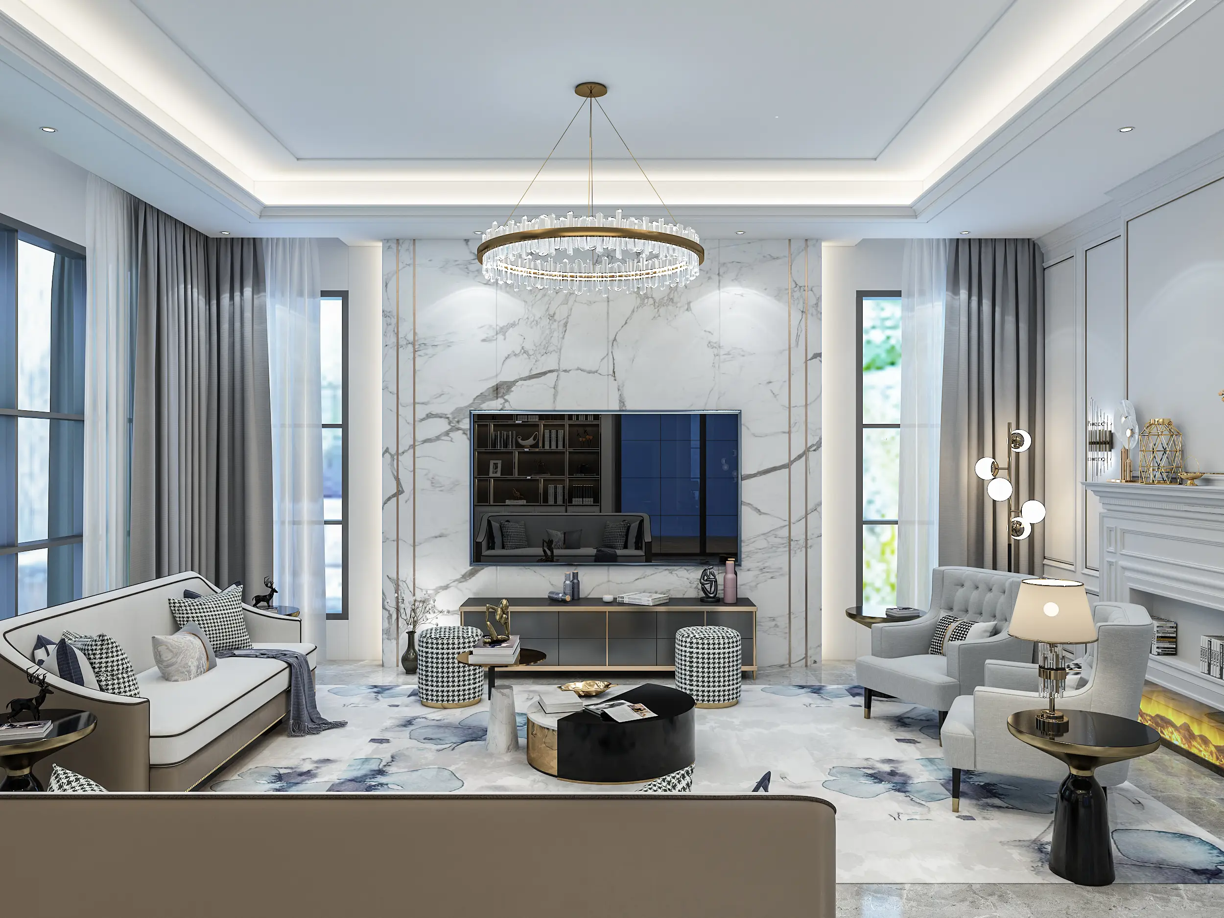 Formal living room with veined marble TV wall, brass ring chandelier and houndstooth accents