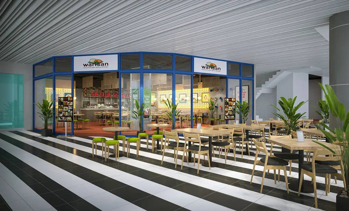 Restaurant frontage with striped flooring, blue signage and timber seating