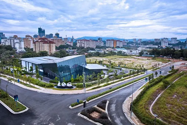 Aerial view of the sales gallery building and surrounding roads