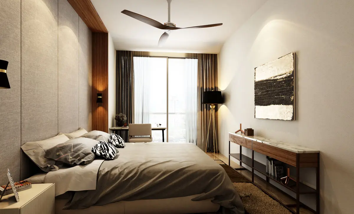 Bedroom with timber wall panelling, a slim console and framed artwork