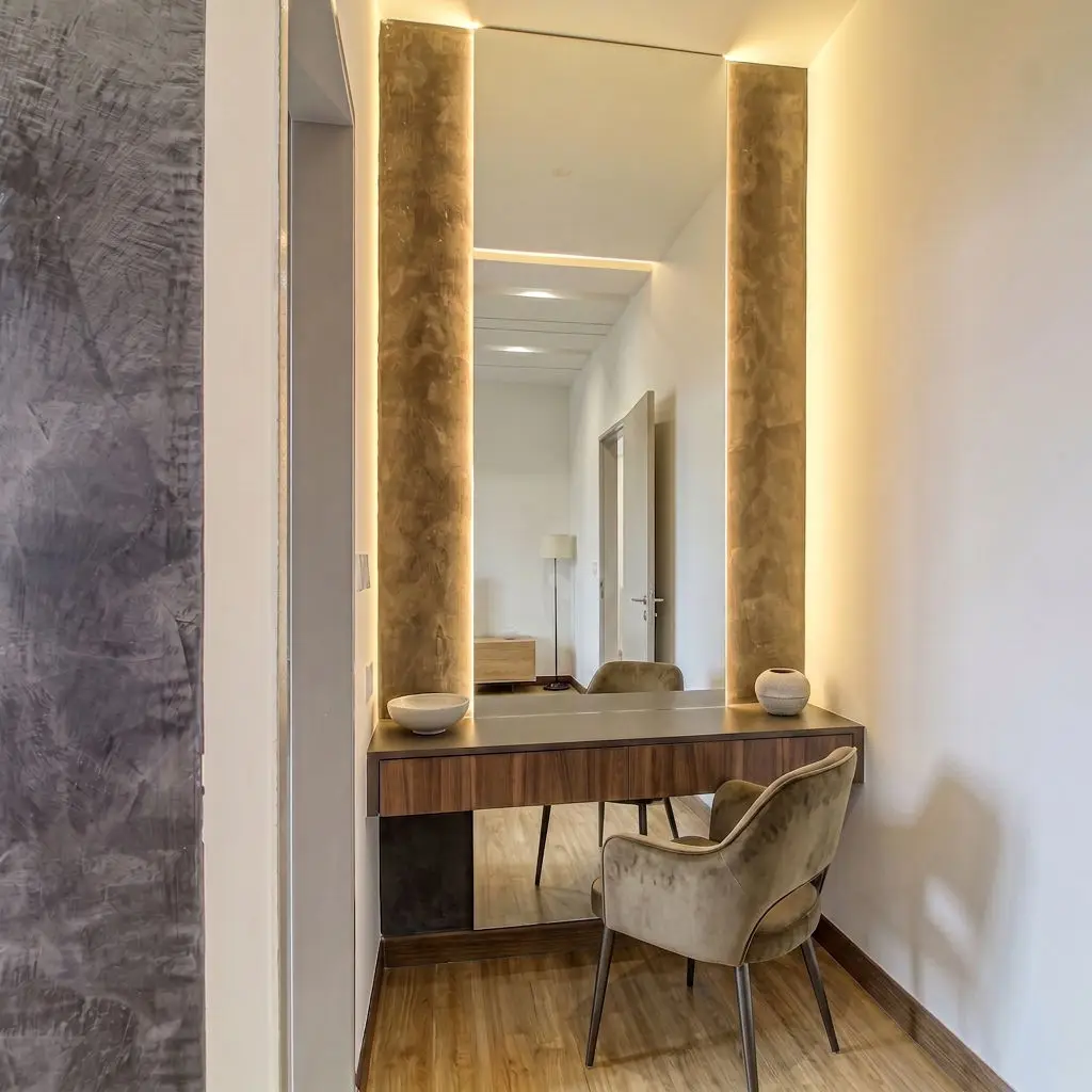 Dressing corridor with a stone-clad wall, backlit mirror and timber vanity