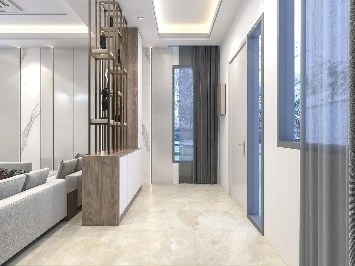 Living area seen past a metal screen divider, with a marble console and corridor beyond