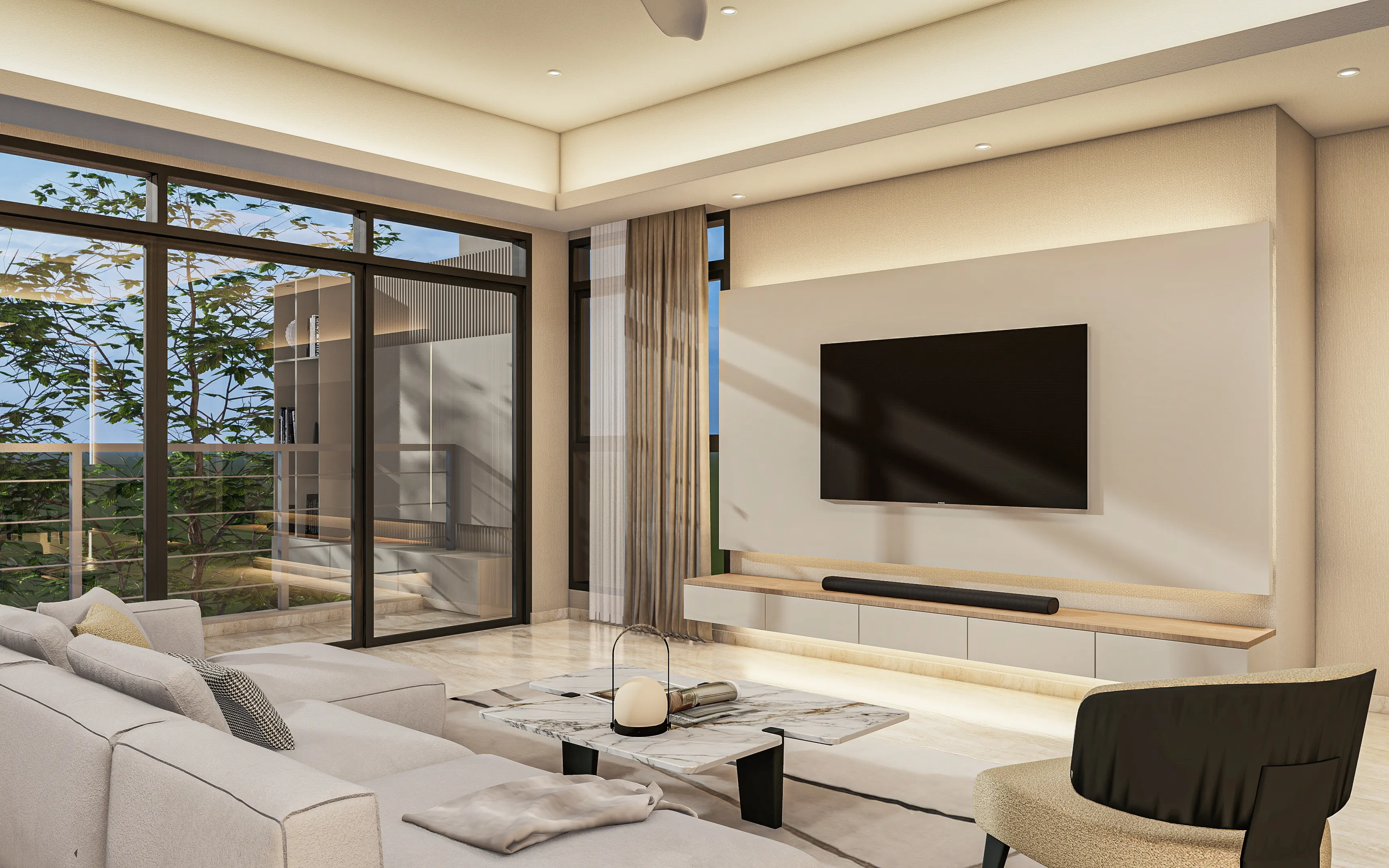 Evening living room with cream sectional, backlit TV panel and floor-to-ceiling glazing