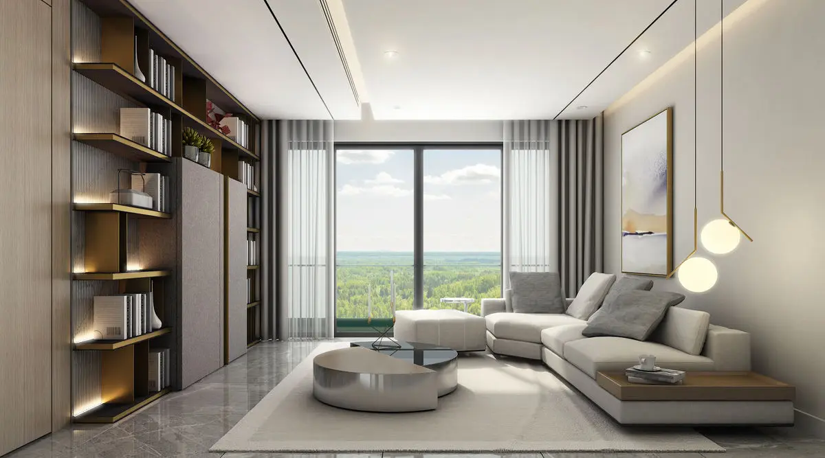 Living room with open timber shelving, a curved sofa and a balcony window