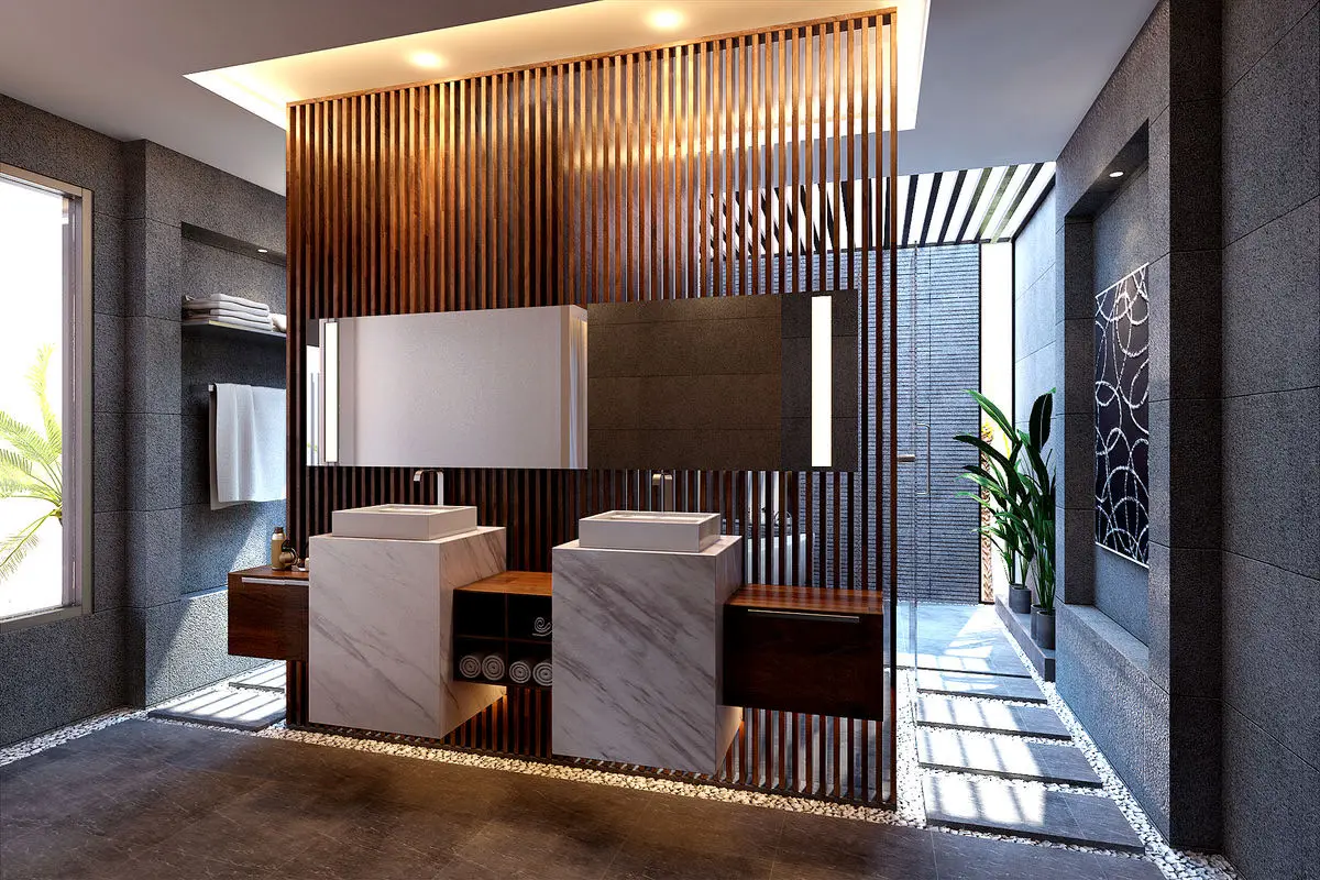 Bathroom with twin stone basins and a slatted timber screen