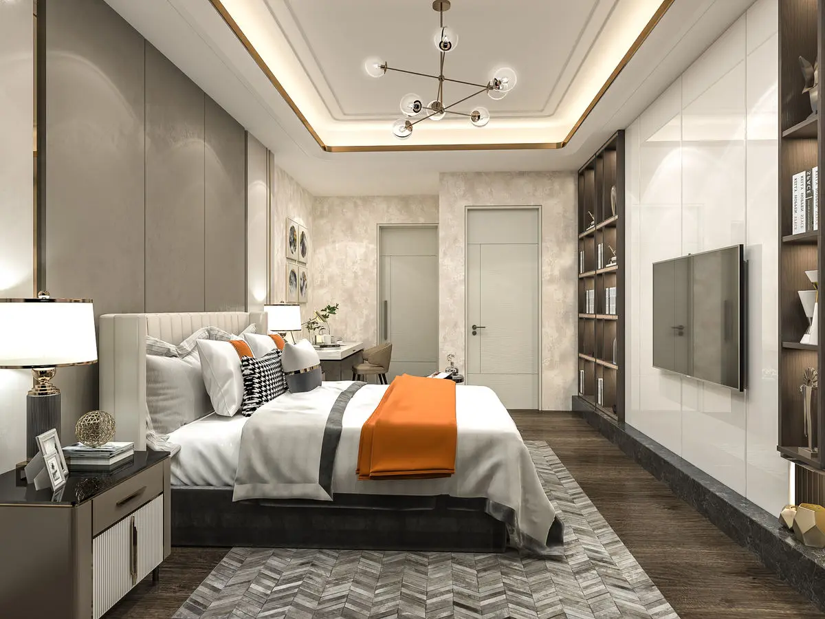Bedroom with a marble feature wall, bedside lamps and open shelving beside the TV