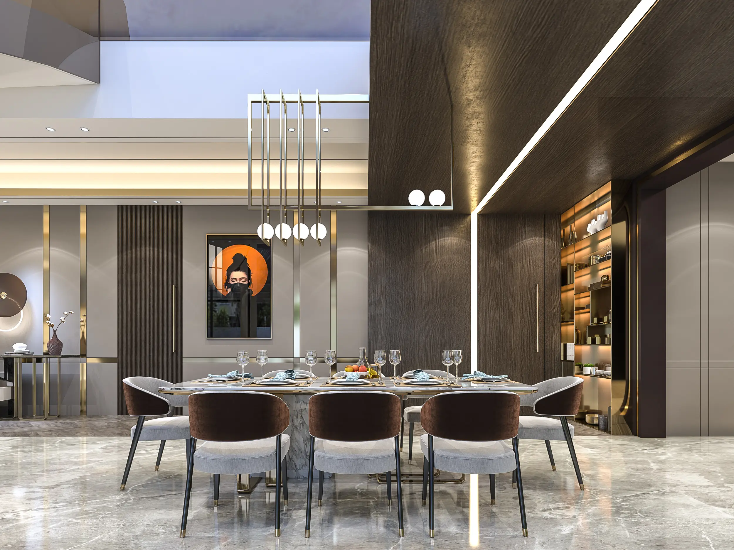 Dark-wood dining room with marble table, brown velvet chairs and brass linear pendants