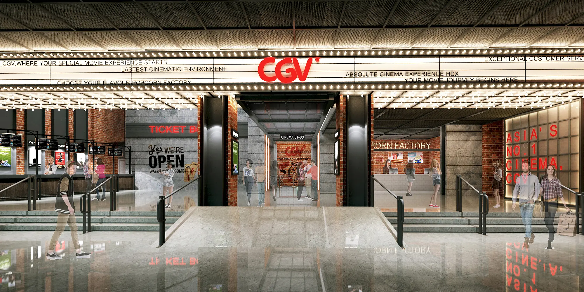CGV cinema foyer with bulb-lit marquee, red brick piers, concrete walls and neon signage