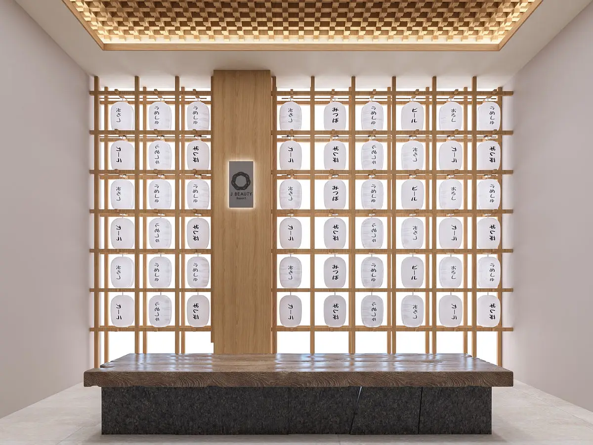 Product display wall in a timber grid frame above a stone plinth