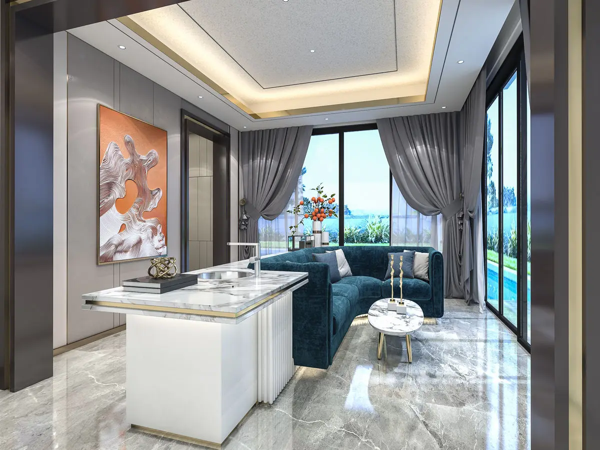 Kitchen island in a marble-floored room, with a teal sofa and pool view beyond