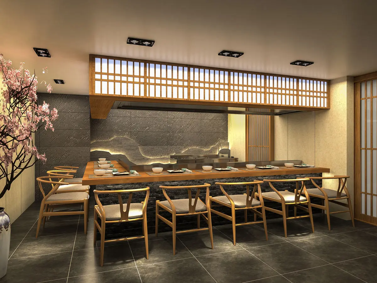 Dining room with timber chairs, shoji screens and a stone feature wall