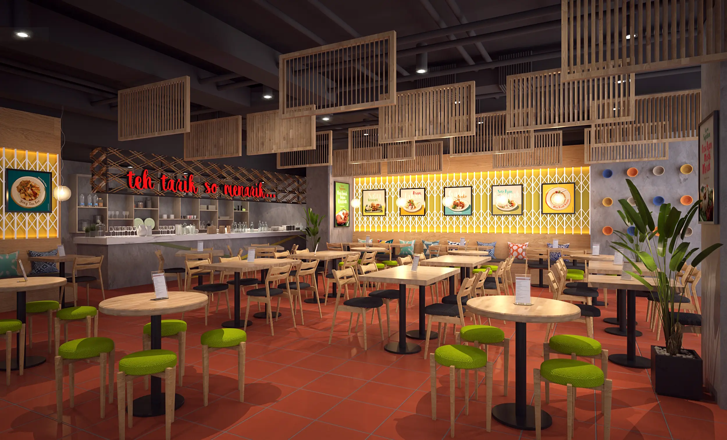 Kopitiam-style eatery with timber screen ceiling rafts, terracotta floor and lime green stools
