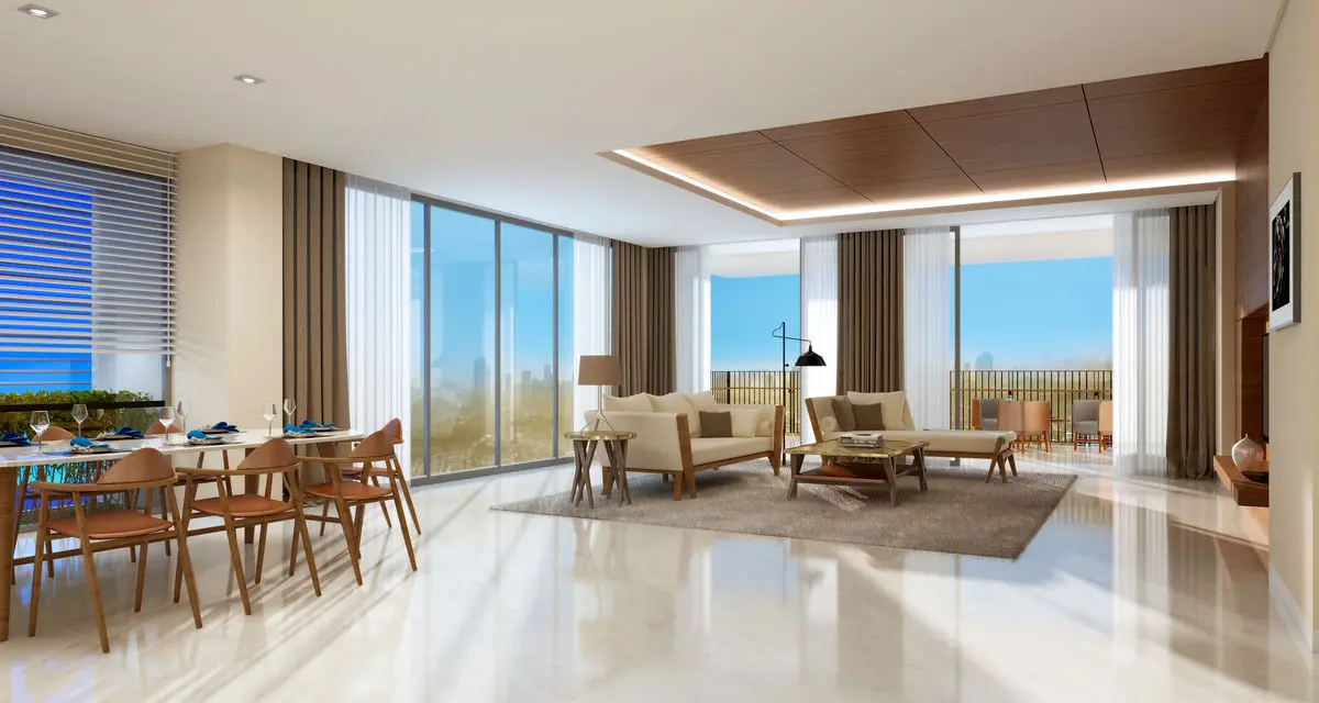 Living and dining room with full-height glazing, timber ceiling detail and pale furniture