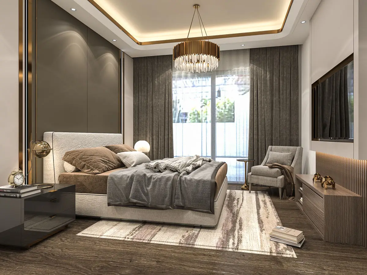 Bedroom with a padded headboard, chandelier, timber panelling and a window seat