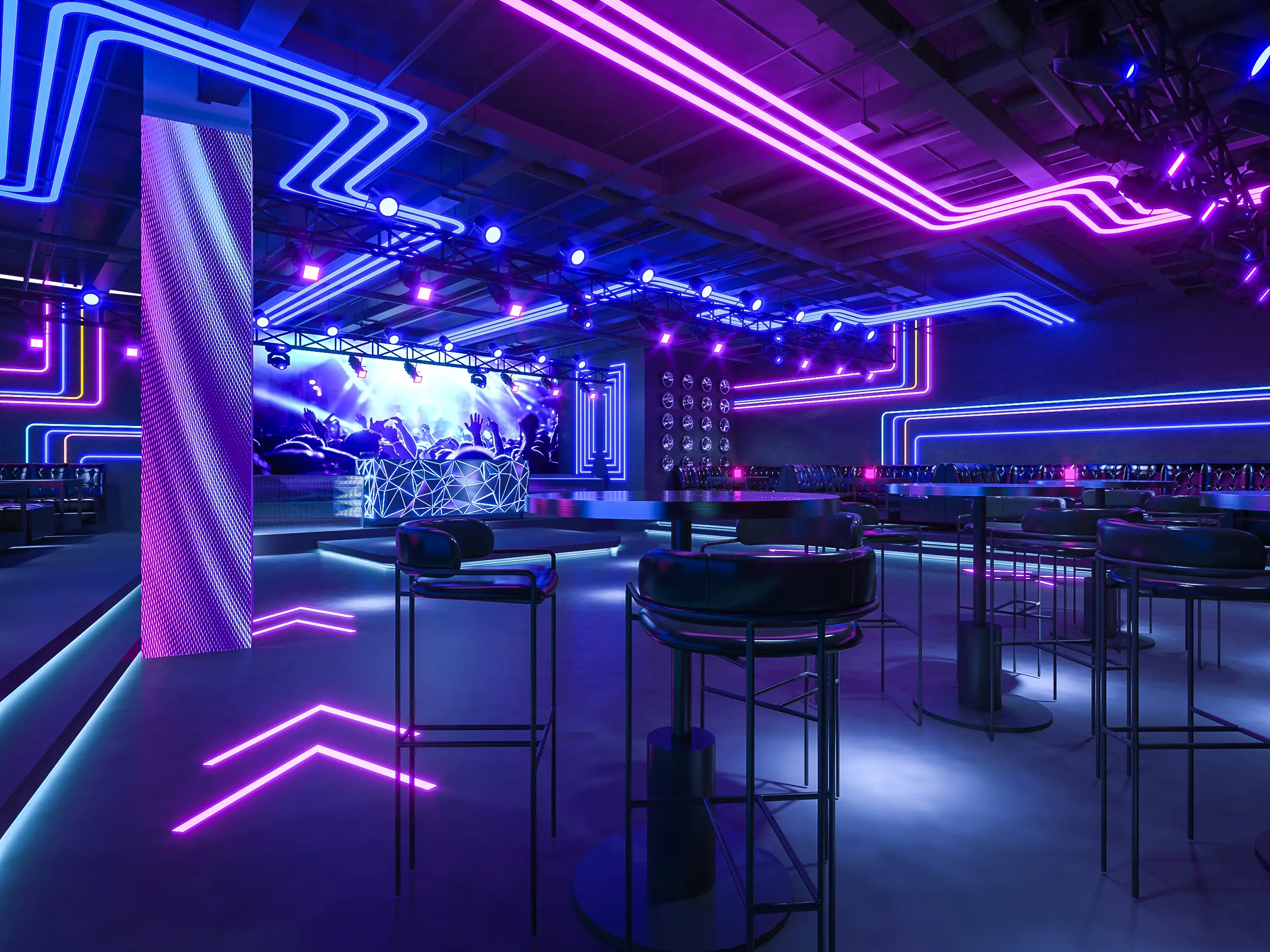 Nightclub with blue and magenta neon strips, LED stage screen, black bar stools and poseur tables