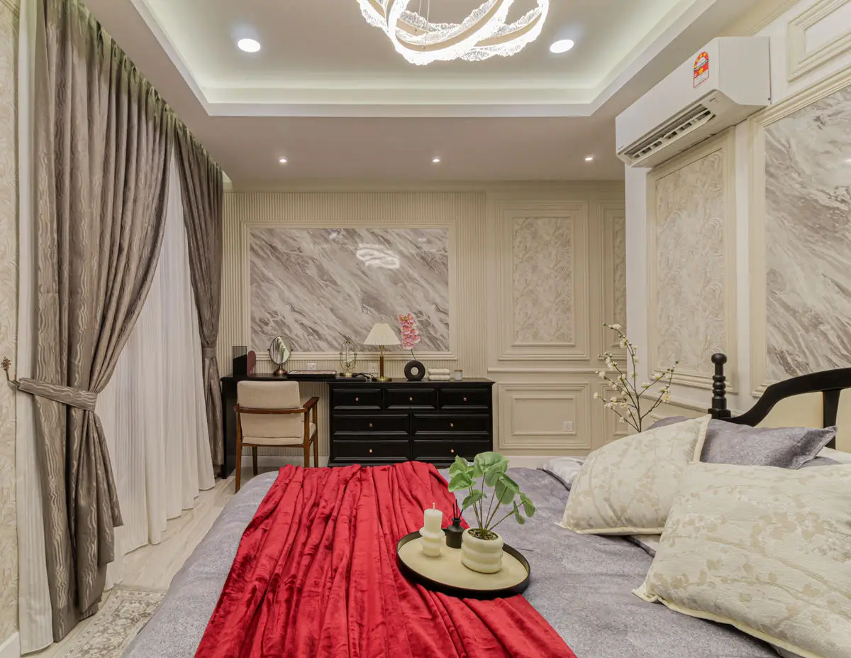 Bedroom with a dressing table, marble wall panel and heavy curtains